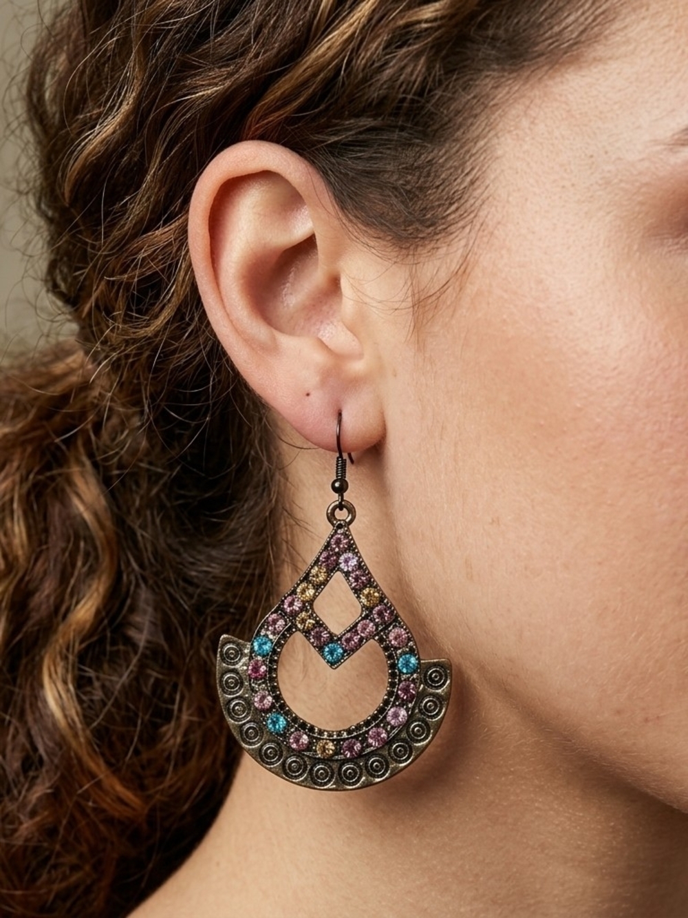 Vintage Boho Copper Rhinestone Teardrop Dangle Earrings 2.5”